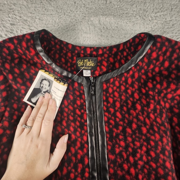 Bob Mackie Fleece Zip Front Jacket‎ Womens 2X Red Wearable Art Boho Faux Leather - Picture 2 of 16